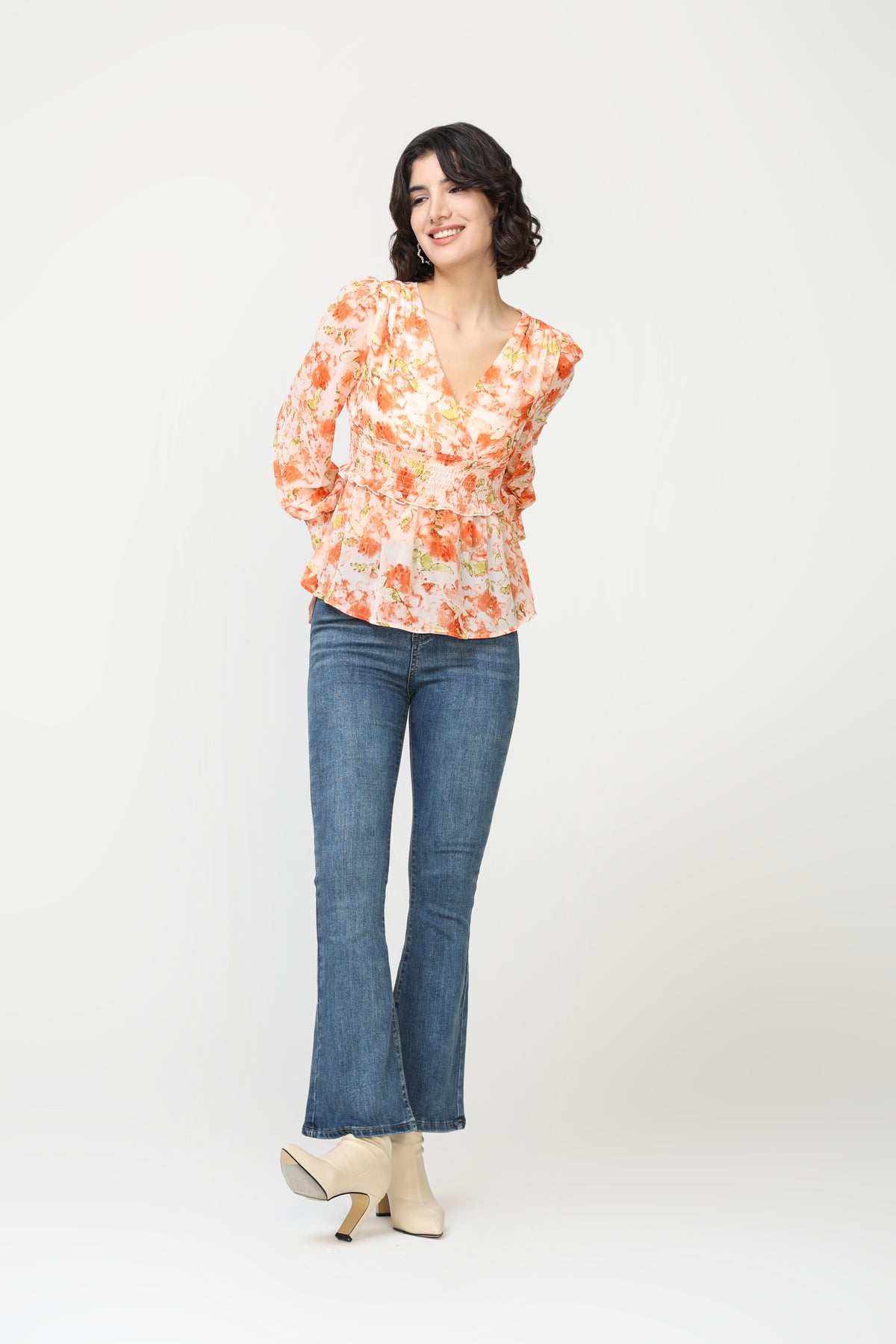 Floral print chiffon blouse with elastic waist
