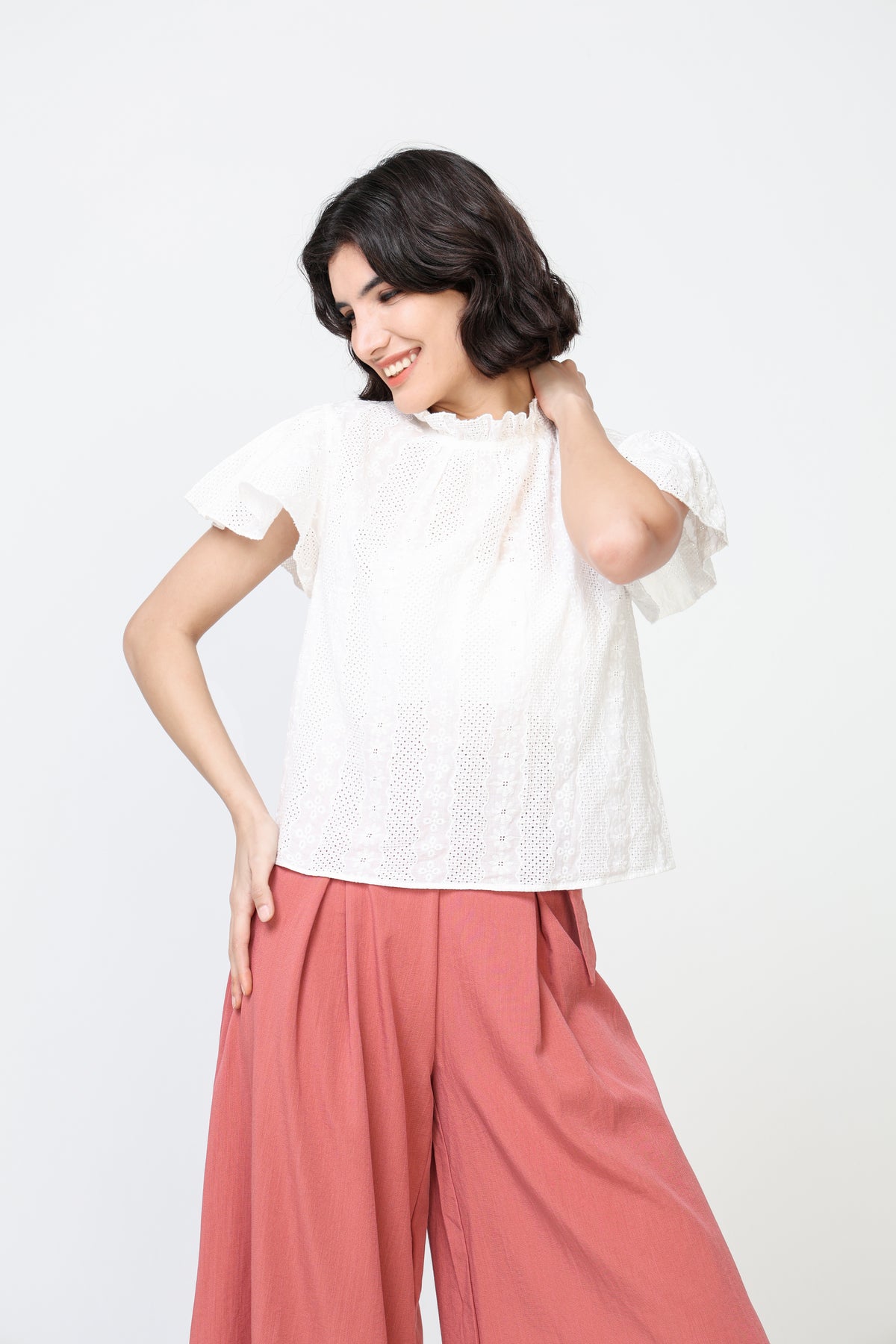 Short sleeve perforated cotton blouse
