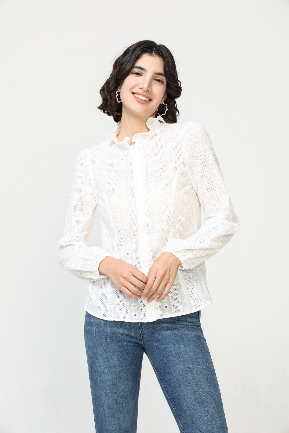 Perforated cotton shirt with ruffle detail