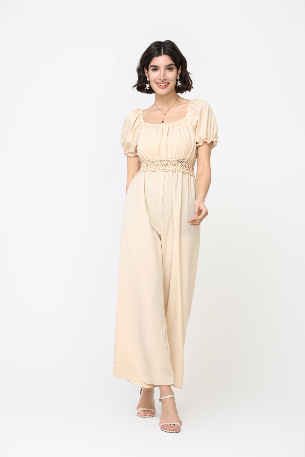 Rayon jumpsuit with elastic neckline and lace waist