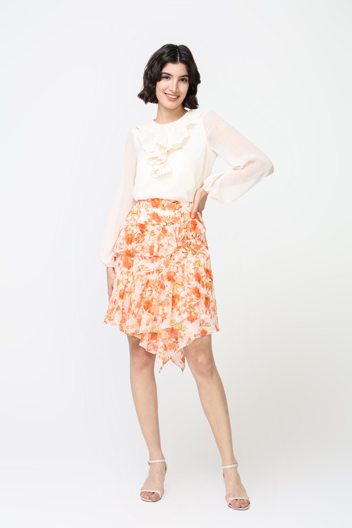 Asymmetrical floral print ruffle skirt