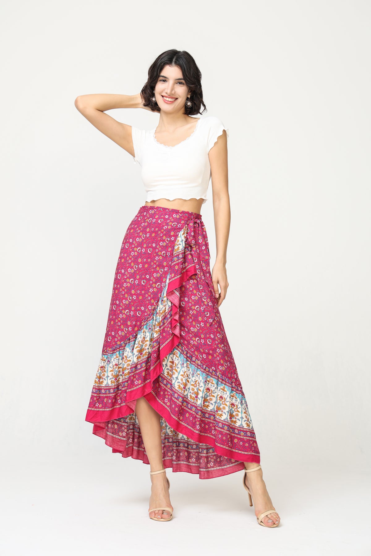 Ruffle boho style midi wrap skirt
