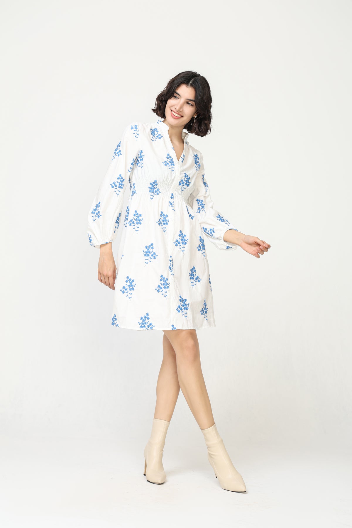 Embroidered cotton dress with mandarin collar
