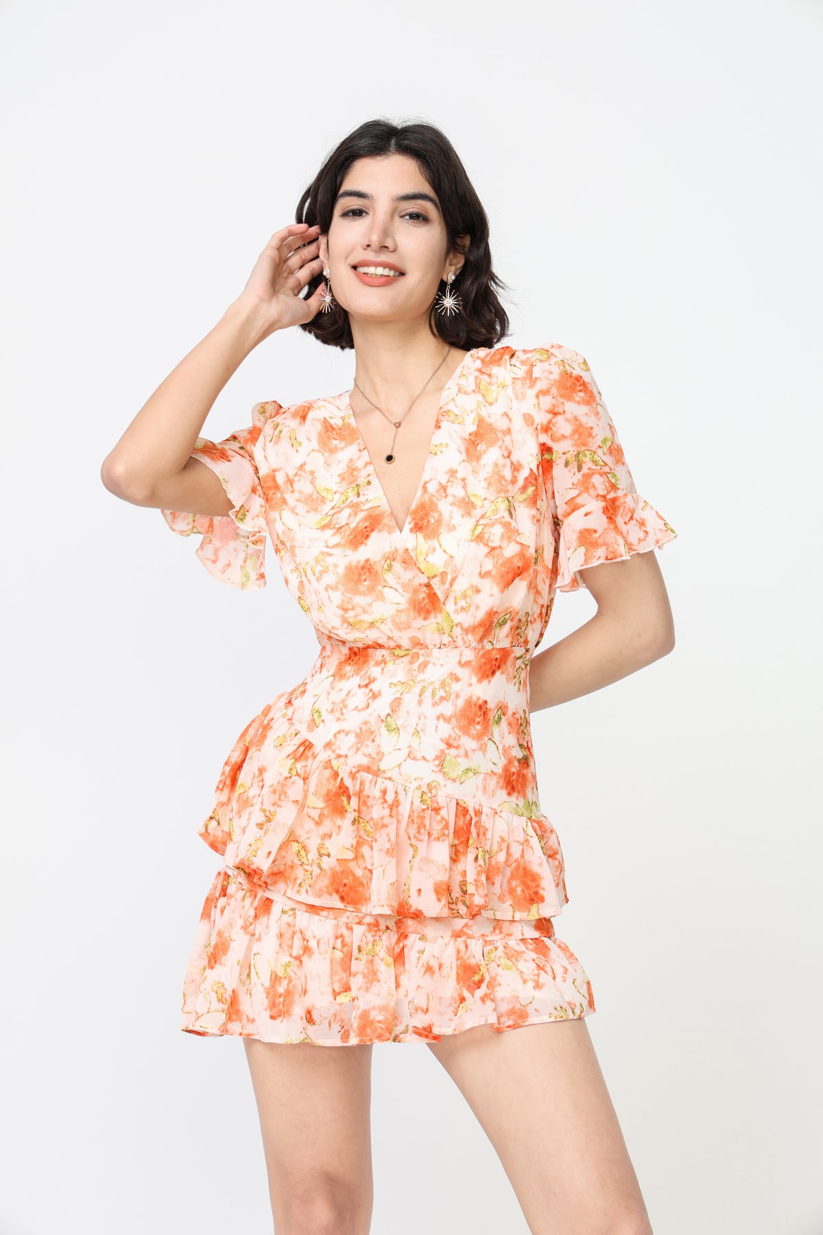 Short floral print ruffle dress