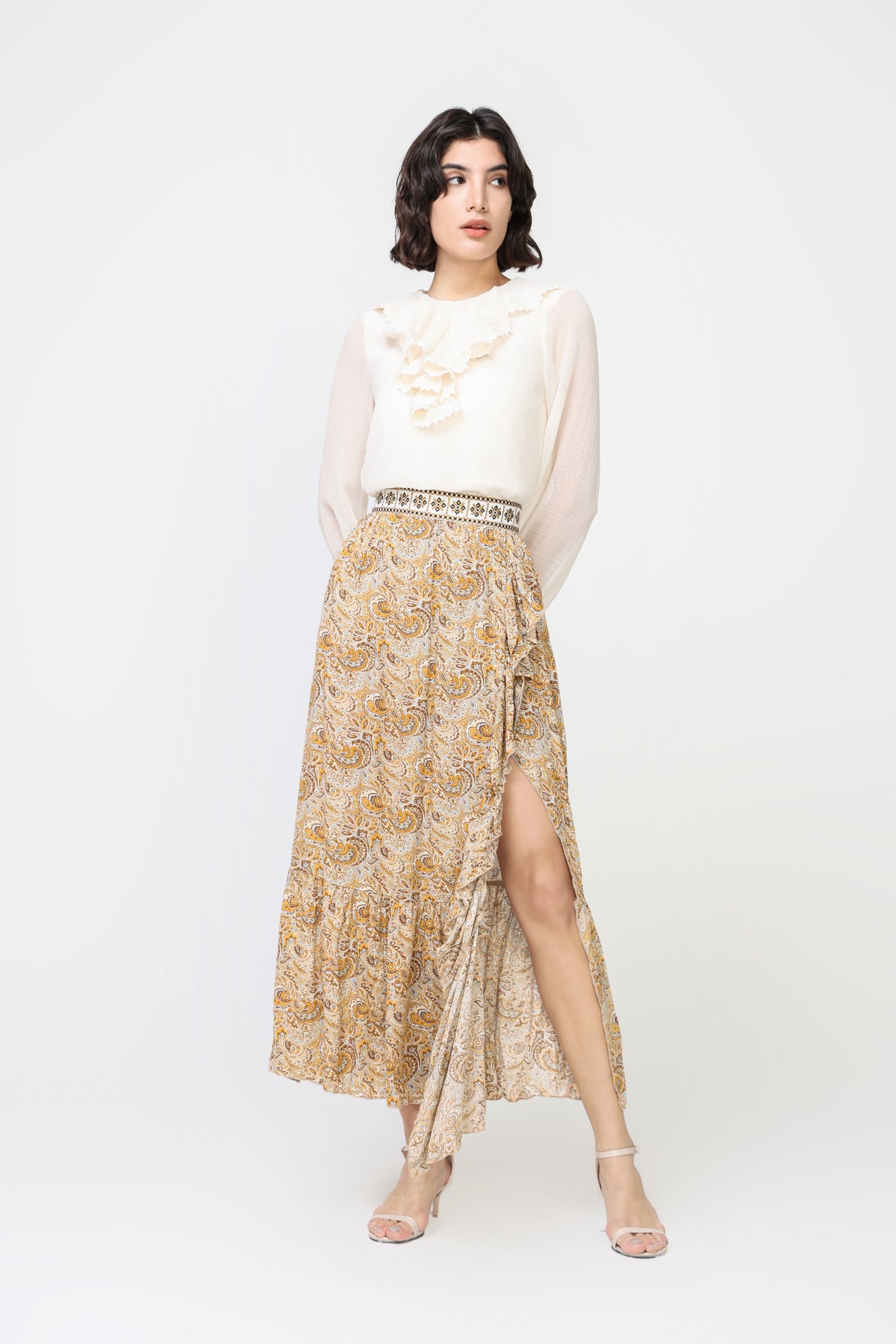 Pasley print ruffle skirt with waist detail